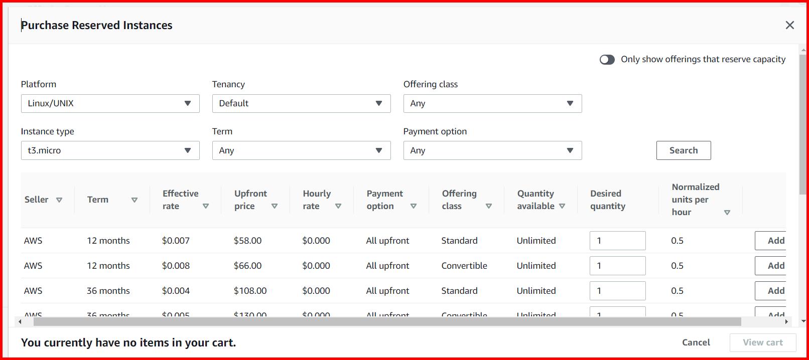 Picture showing the different criteria for selecting the reserved instances